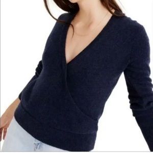 Madewell Women's Blue Faux Wrap Pullover Sweater in Coziest Yarn